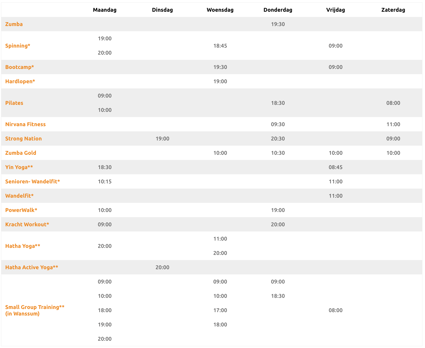 JustBeFit sport trainingen tijdsschema december 2025